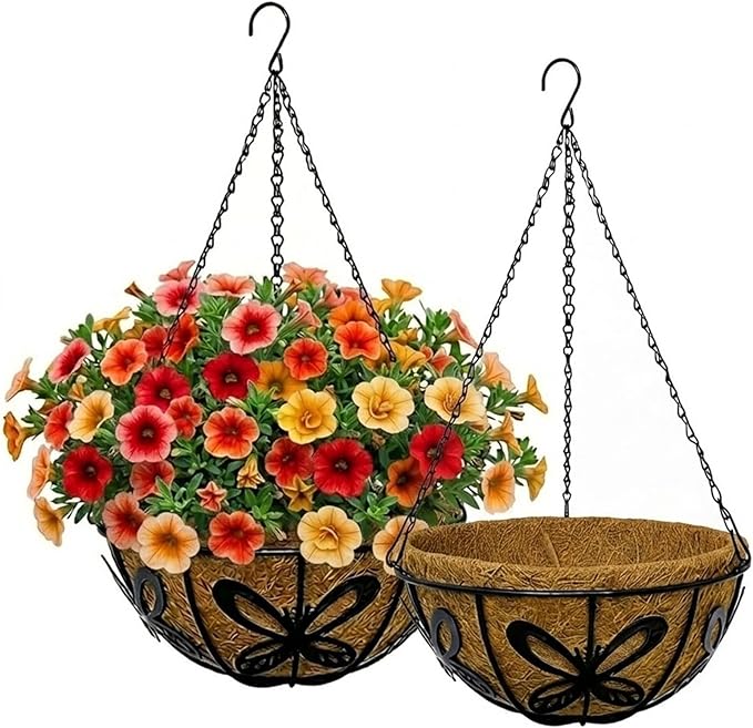 14 Inch Hanging Baskets for Plants Outdoor, 2 Pack Metal Wire Hanging Planters with Coco Coir Liners, Rust-Resistant Flower Basket with Chains & Hooks for Garden Patio Porch Deck Balcony