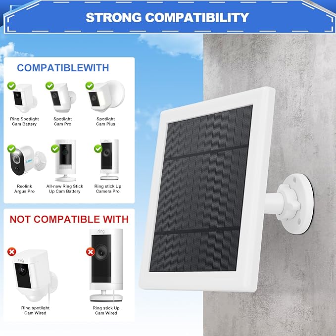 Solar Panel for Security Camera 3 IN 1 Port 5W Ring Camera Solar Charger Compatible with Ring Spotlight & Stick Up Outdoor Cam Battery, IP65 Waterproof &16.4ft Long Cable with USB-C/Micro USB/DC Ports