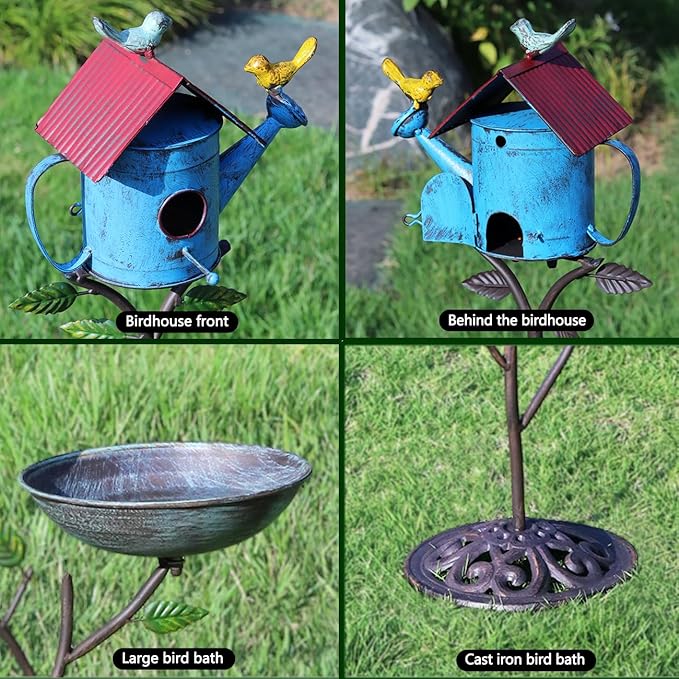 39" H Metal Birdhouse Outdoor, Birdhouse Pole – Integrates Bird Feeder and Bird Bath, 3-in-1 Multi-Functional for Yard Decorations Outdoor, Cast Iron Base