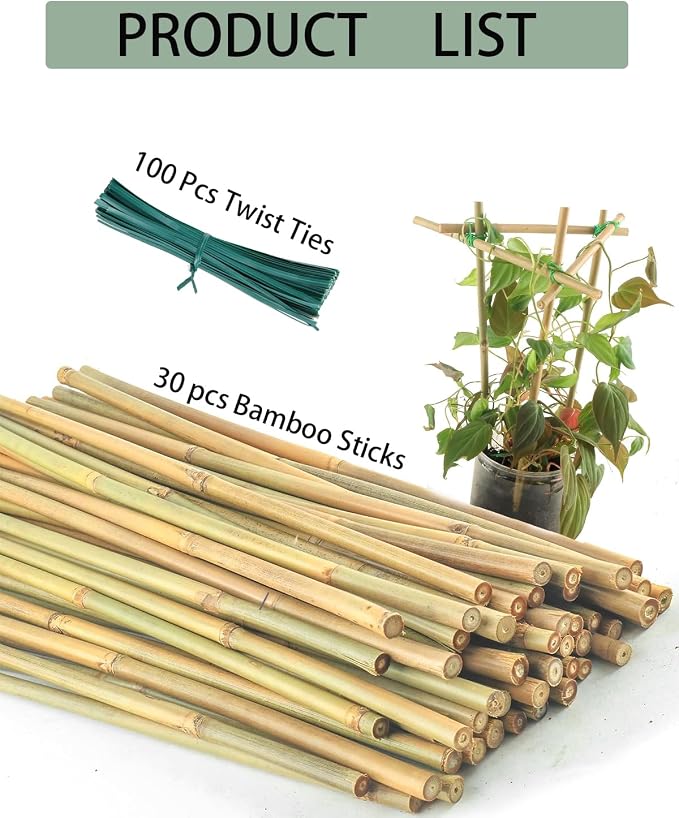 30 Pcs Natural Bamboo Plant Stakes - 16" Garden Sticks with Plant Ties for Plant Support, Tomatoes, Vegetables & Indoor Potted Plants