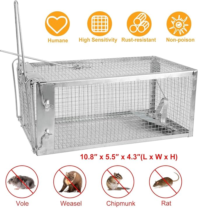 TeqHome Humane Rat Cage Trap, Galvanized Iron Live Animal Mouse Trap Cage That Work for Indoor and Outdoor, Reusable Metal Humane Live Squirrel Traps for Small Rodents Mice Voles,Easy Catch & Release