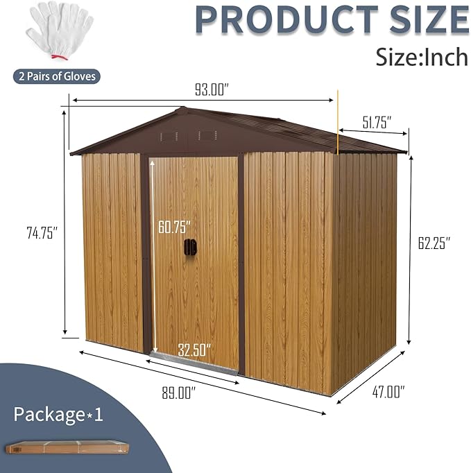 8x4 FT Outdoor Metal Storage Shed, Galvanized Steel Garden Shed with Window, Lockable Sliding Door, Sloped Roof, Ventilated Tool Storage House with Foundation Kit for Backyard Lawn Equipment, Coffee