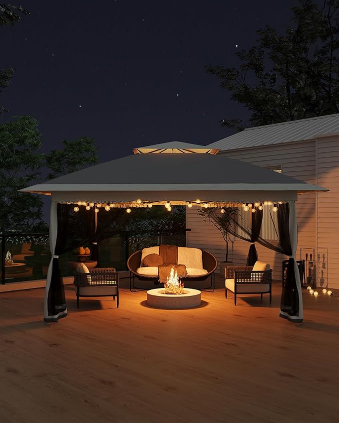 GarveeLife Canopy Tent 13x13 ft, Pop Up Gazebo One-Push Setup with 4 SandBags for Backyard Parties and BBQs, Mosquito Netting & Height Adjustable - Grey