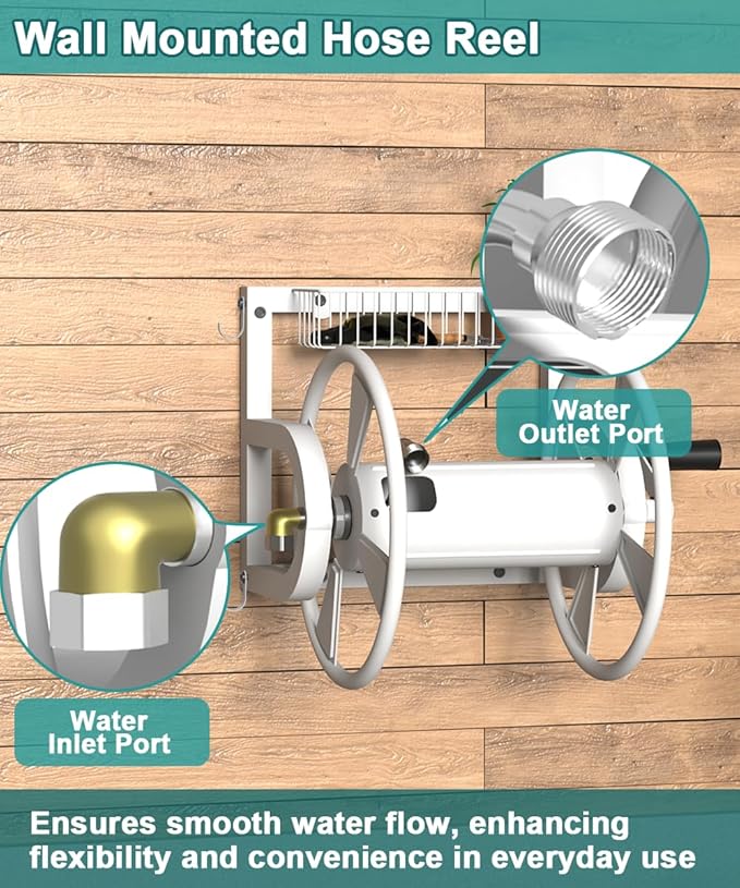 Artigarden Outdoor Wall Mounted Hose Reel with Hook, Garden Heavy-Duty Water Hose Holder Winder with 3.9 ft Leader Hose, Brass Fitting and Storage Basket for Yard, Holds 125 Ft of 5/8-Inch Hose, White