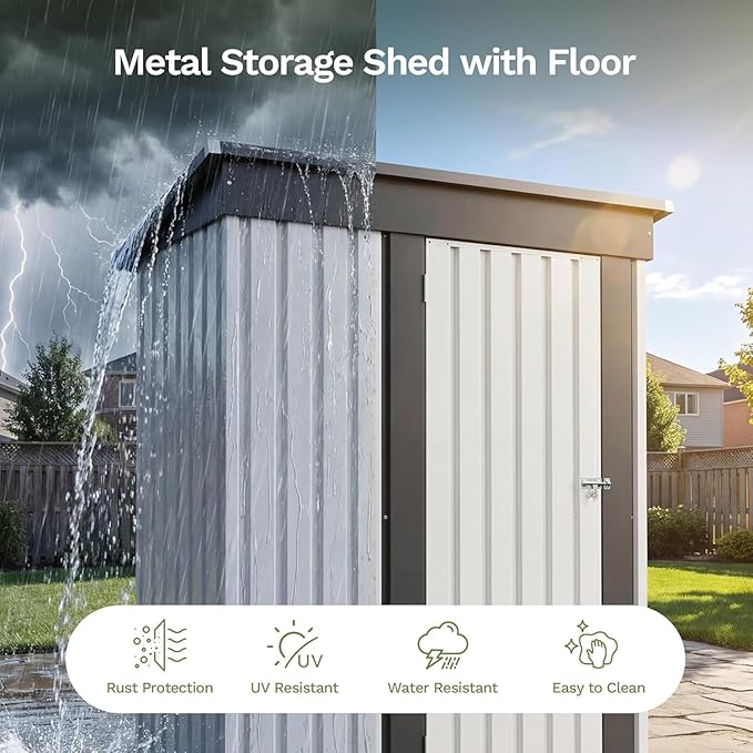 Patiowell 5x3 FT Storage Shed with Floor Frame, Small Metal Garden Sheds with Sloping Roof and Lockable Door, Waterproof Steel Patio Tool Shed for Backyard Garden Lawn, White