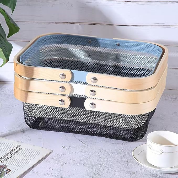 AJIODA Metal Mesh Steel Basket, Storage Organizer Baskets Garden Harvest Basket Multi-functional Kitchen Fruit Baskets Bin with Wooden Handle for Bathroom Picnic Shopping Decor Cabinet Home, Blue