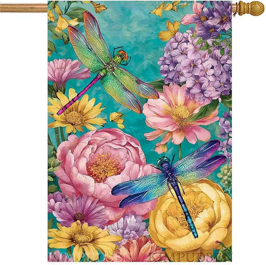Spring Dragonfly House Flag Burlap 28x40 Inch Double Sided for Outside, Large Yard Flag for Seasonal Outdoor Decoration