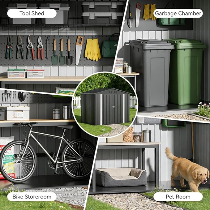 COMHOMA Shed Storage Outdoor Metal Windowed Lockable Weatherproof Ventilated Backyard Garden Utility Workshop(Grey,8'*6')