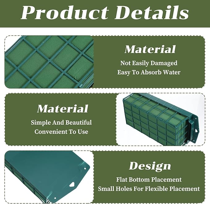 4 Pcs Floral Foam Cage with Foam, Green Plastic Rectangle Flower Holder, 11.8 x 4.7 x 3.1 Inches, Arrangement Supplies for Fresh or Artificial Flowers, Wedding, Home Decor, Centerpieces