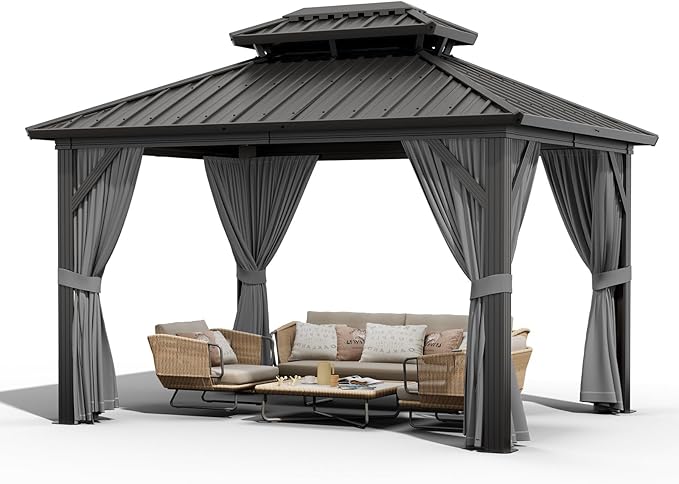 12 x 20 ft Hardtop Gazebo, Heavy Duty Galvanized Aluminum Frame Double Roof Outdoor Pavilion, Faux Wood Grain Metal Roof Gazebo with Netting & Privacy Curtains, Brown Patio Canopy Shelter for Backyard