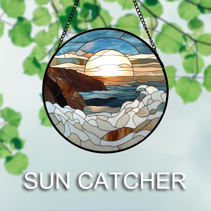 DASTOLL Stained Glass Window Hanging 4 Pcs Set Ocean Waves 9.8" - Blue and White Sea Suncatcher Door Garden Sun Catcher Decor Birthday Christmas for Mom Woman Nana Men