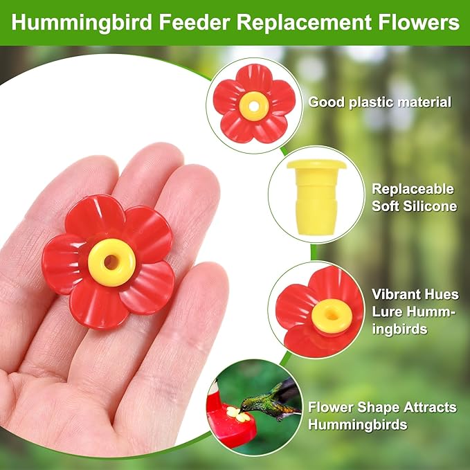 M METERXITY 32-Pack Hummingbird Feeder Replacement Flowers, Plastic Pet Hummingbird Feeding Parts Feeding Ports for Outdoor Hanging Feeders, Bees Guards [Red]