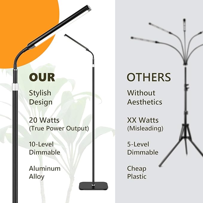 Grow Light for Indoor Plants, Full Spectrum LED Grow Light with Stand, Auto On/Off Timer, Height Adjustable Floor Plant Lamp with Gooseneck, 10-Level Dimmable Light for Small Tall Houseplants
