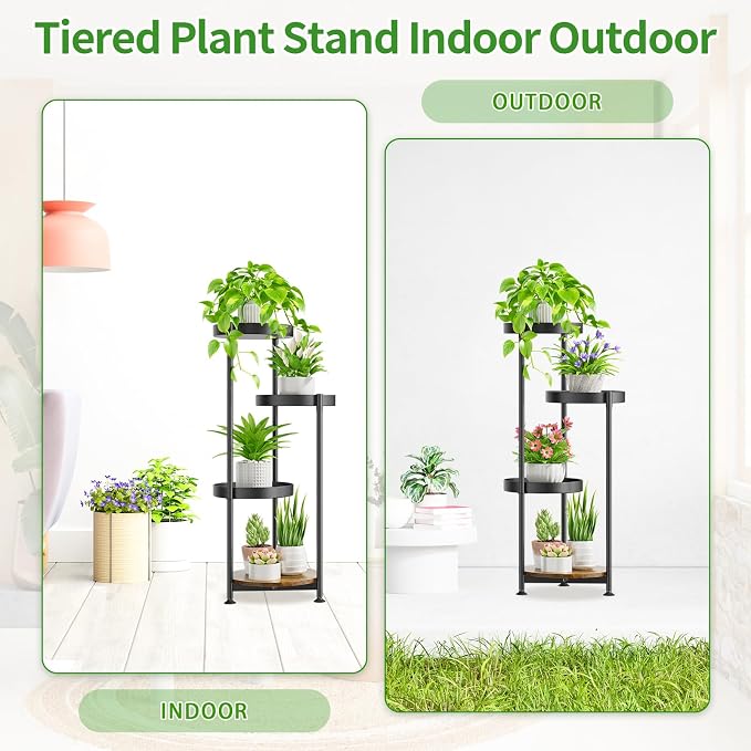 Oppro Plant Stand Indoor Outdoor Clearance, 4 Tier Metal Tall Flower Shelf Holder, Multiple Plant Round Corner Rack Organizer Display for Patio Orchid Office Porch Living Room Garden Balcony, Black