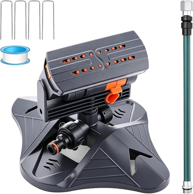 Oscillating Sprinkler with Adjustable Aluminum Riser, 4 Way Lawn Sprinklers for Yard and Garden, 16 Nozzles, Cover up to 4.069 sq. ft Ideal for Watering Different Heights(Triangular)