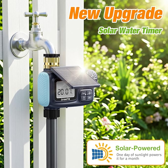 Solar Sprinkler Timer, Solar & Type-C Rechargeable Water Timer for Garden Hose, Programmable Faucet System with Rain Delay/Manual/Auto Mode, Digital Irrigation Controller for Lawn/Yard/Pool