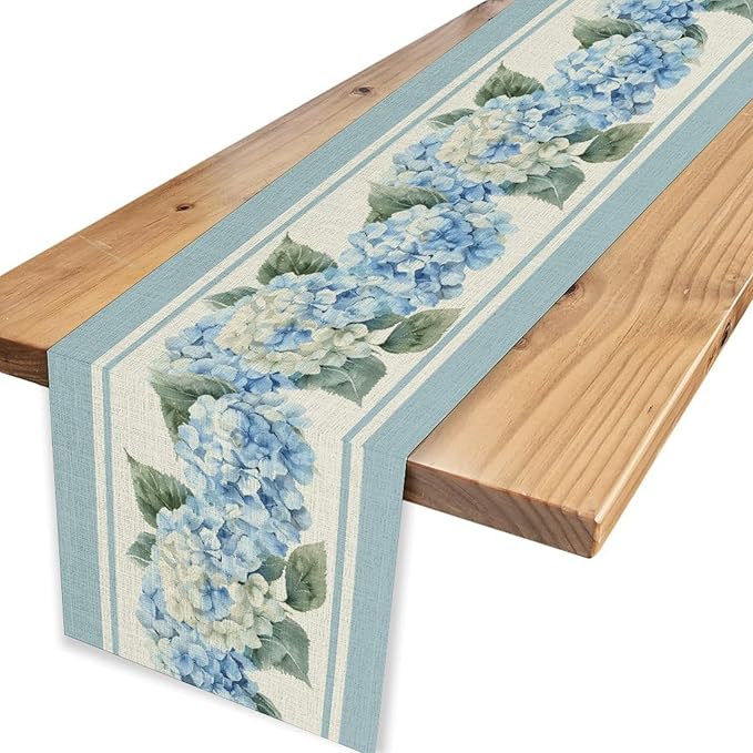 Blue Hydrangea Table Runner, Rustic Country Watercolor Floral Spring Summer Seasonal Flower Butterfly Farmhouse Table Center Decor for Family Kitchen and Dining Party Table Decorations, 13"x90"