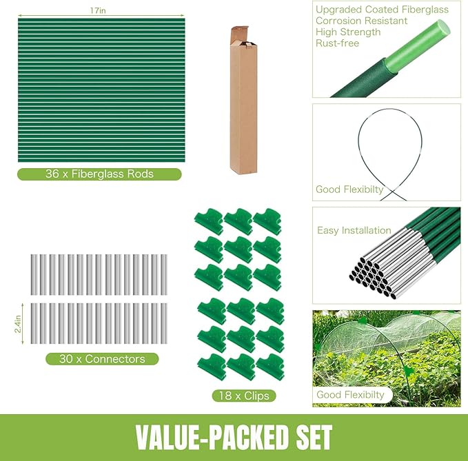Joyhalo Garden Hoops for Raised Beds, 36pcs (6 Sets of 8ft) Fiberglass Hoops with PVC Coating, DIY Greenhouse Tunnel for Row Cover, Bird Netting & Plant Protection, Extend Growing Season