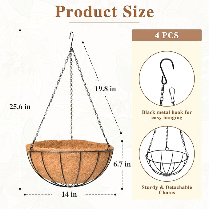 4 Pack Hanging Planter for Outdoor Plants 14 inch Metal Hanging Flower Basket with Coco Coir Liner Round Wire Plant Holder Chain Flower Pots Outdoor Garden Decoration Watering Hanging Baskets(XG)
