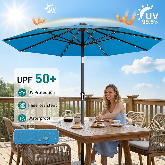 AreShark 9FT Patio Umbrella with Solar Lights, 32 Lighted Pool Umbrella w/Tilt and Crank, Outdoor Market Solar Umbrellas for Garden, Deck, Backyard, Pool and Beach, Royal Blue