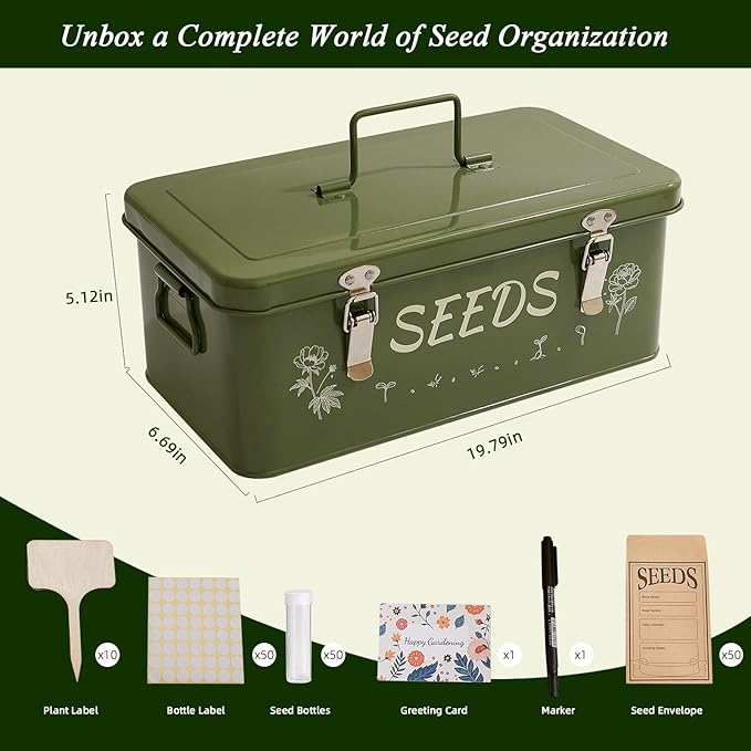 VerdantVibes Metal Seed Storage Organizer Box - Large Galvanized Seed Bin with 50 Vials, 50 Envelopes, Dividers & Labels - Complete Seed Saving Container & Gardening Gifts for Women Men