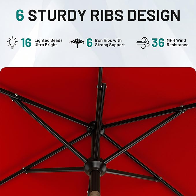 AreShark 6.5' x 10' Rectangular Patio Umbrella with Solar Lights, Solar Powered Lighted Market Umbrella w/Tilt and Crank, Outdoor Table Umbrella for Garden, Deck, Backyard, Pool and Beach, Red