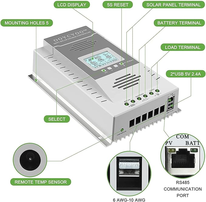 MPPT Charge Controller 80 amp 12V/24V Auto, 80A Solar Panel Charge Regulator with Blacklight LCD Display Max 100V for Lead-Acid Sealed Gel AGM Flooded Lithium Battery
