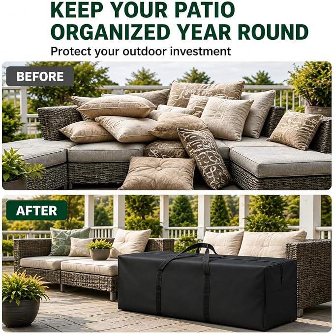 Cushion Storage Bag 420D Waterproof 68" Rectangular Outdoor Patio Cushion Storage Bags — Outdoor Cushions Storage Bag with Zipper and Handles Extra Large Storage Bags 68" L x 29" H x 20" W Black