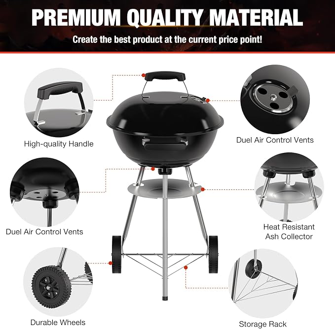 18 inch Charcoal Grill, Portable Kettle BBQ Grills, Barbecue Gift, Durable & Easy to Assemble, Round Barbecue Grill for Outdoor Cooking, Patio and Beach, Black