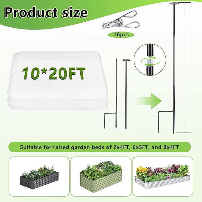 Metal Garden Netting Kit, 8 Pack 2.7ft Sturdy Outdoor Raised Beds Garden Stake Netting Support with 10'× 20' Durable Fine Insect Netting for Garden &16pcs Fixing Clips Plant Covers Set Pest Barrier