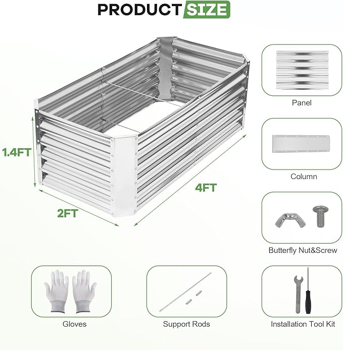 Galvanized Raised Garden Bed Kits, 2 Pack Metal Planter Box Outdoor, 4x2x1.4ft Rectangular Steel Planter Bed for Vegetables, Fruits, Flowers, Herbs(Silver)