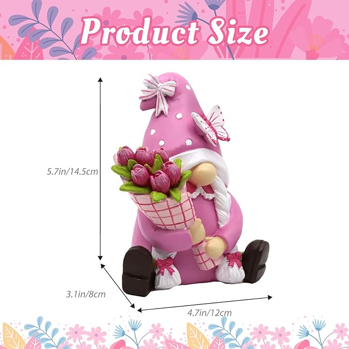 Spring Gnomes Decorations for Home Office- Pink Resin Garden Gnomes with Butterfly Tulip Tiered Tray Decor- Spring Mother's Day & Retirement Gifts