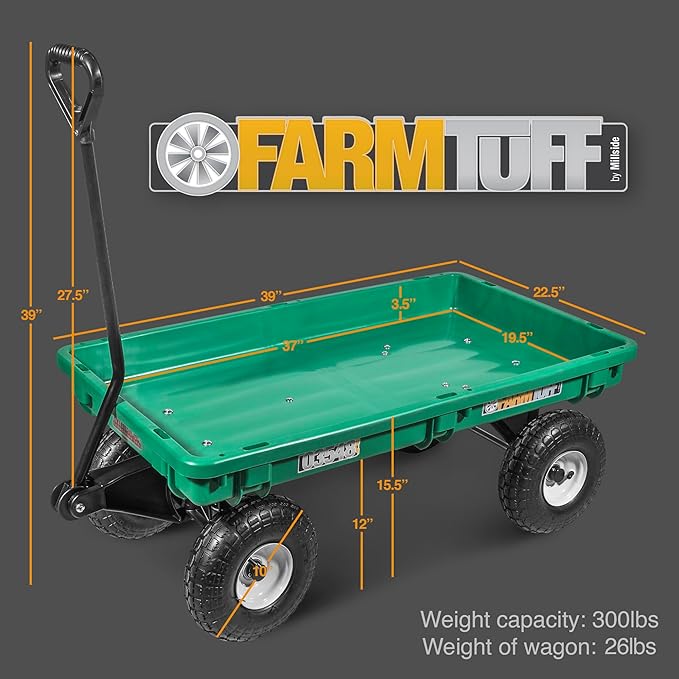 FARM-TUFF Durable Plastic Deck Green Garden Wagon, 38" x 20" - Heavy-Duty Poly Utility Cart with Pneumatic Tires, 300lb Capacity & D-Handle Steering for Gardening, Yard Work & Landscaping