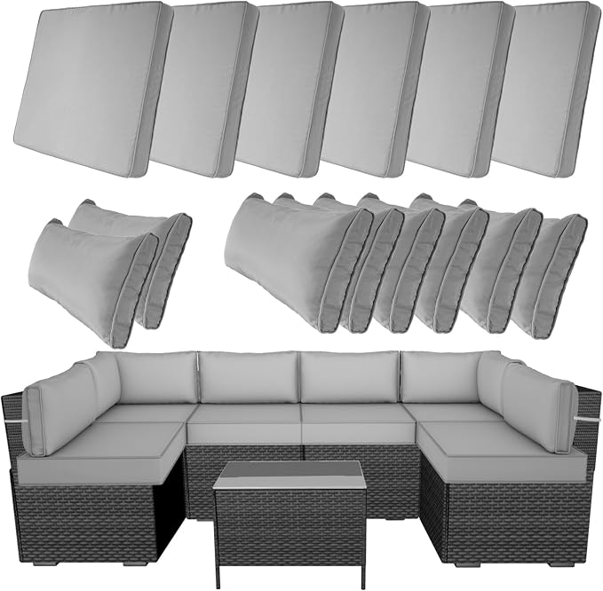 14 Piece Outdoor Patio Cushion Covers Replacement, Waterproof Outdoor Furniture Cushion Covers, Fit 7 Pcs 6 Seater Wicker Rattan Conversation Sofa Set,Light Gray(Only Cover) 25.6x25.6