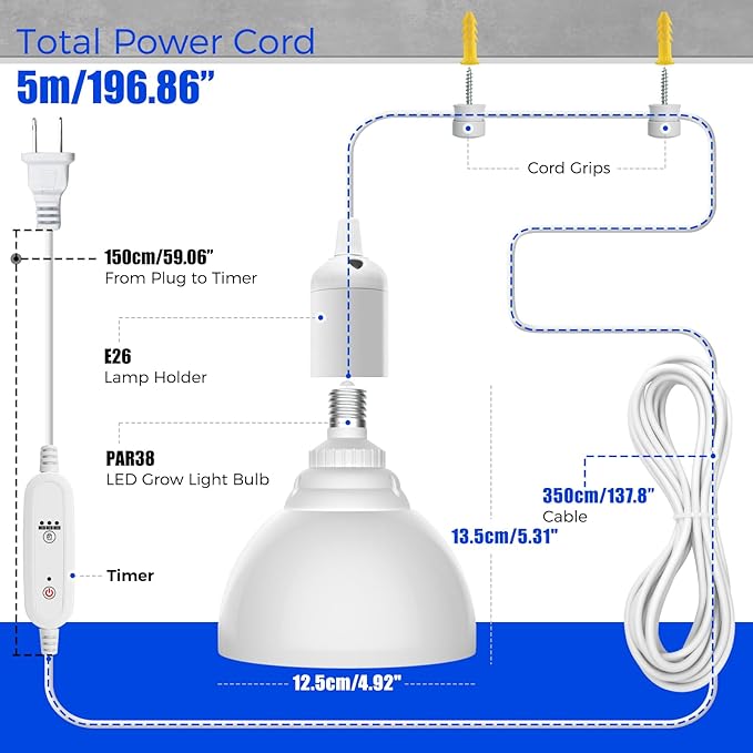Barrina LED Grow Light Bulb with Timing and Hanging System, 25W Full Spectrum, 4H/9H/14H Timer, Hanging Grow Lights for Indoor Plants with 16.4FT Power Cord, Plug in Pendant Light for Plants