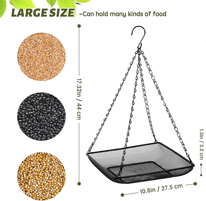 MIXXIDEA Hanging Bird Feeder Tray 11x11 Inches, Metal Mesh Platform Seed Feeder with Durable Chains for Outdoors Outside Great for Attracting Wild Birds, 2 Pack