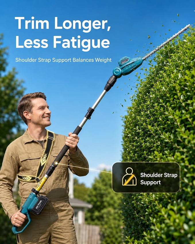 SEESII 20V Pole Hedge Trimmer Cordless, Electric Hedge Trimmer with Extension Pole, 8.5 FT Telescopic Pole with Shoulder Strap, 2 Packs 4.0Ah Batteries & Charger, Long Reach Bush Shrub Trimmer
