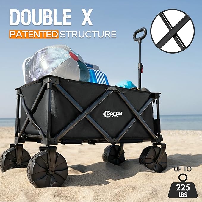 PORTAL Heavy-Duty Folding Wagon Cart, Large Collapsible Utility Wagon with All-Terrain Wheels for Beach, Camping, Garden & Grocery