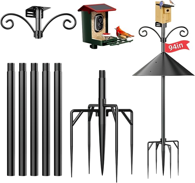 NSYOOMH Dia 1 Inch Bird Feeder Pole with 19" Proof Squirrel Baffle, Heavy Duty Metal, Bird House Pole Compatible Mount for Smart Camera Birdfeeder, Outdoor Feeding Station Stand Shepherd Hook Kit- 94"