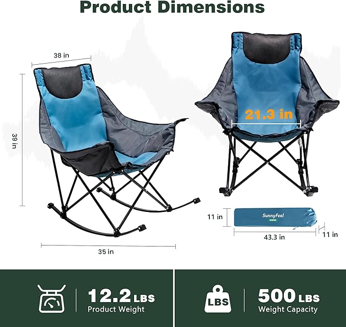 SUNNYFEEL Oversized Rocking Camping Chair 2 Pack, Fully Padded Patio Chair with Side Pocket, High Back Portable Lawn Recliner with Carry Bag, Outdoor Rocker Camp Chairs for Adults Heavy Duty 500 LBS