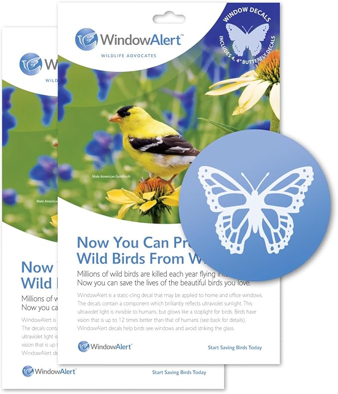 WindowAlert Butterfly Anti-Collision Decal - UV-Reflective Window Decal to Protect Wild Birds from Glass Collisions, 2-Pack - Made in The USA