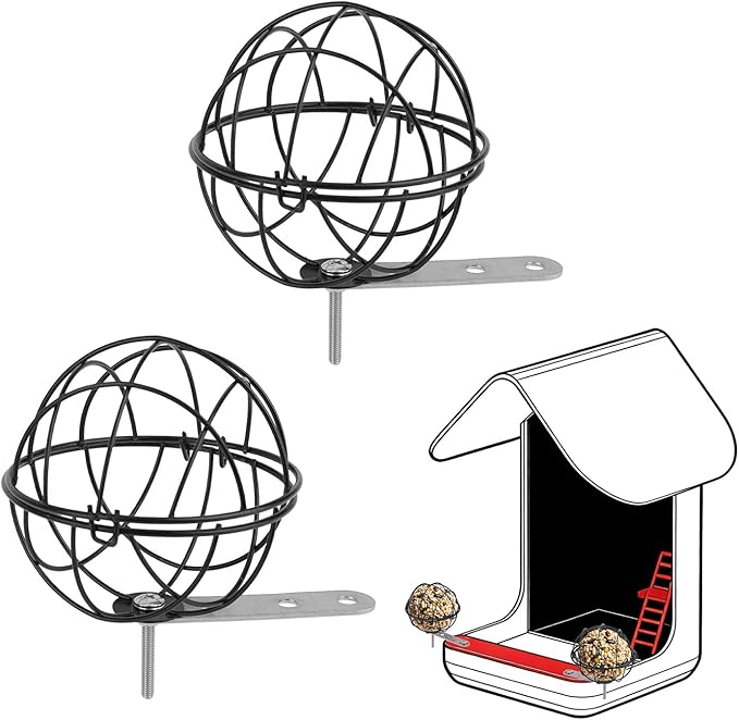 2pcs Suet Ball Holders, Alloy Bird Suet Ball Cage with 2 Fixed Connection Accessories & 4 Screws Durable Bird Feeder Accessories for Outdoor Birds Feeders