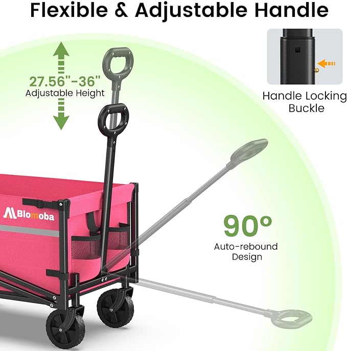 Blomoba Collapsible Wagon Cart, 220LBS Heavy Duty Collapsible Wagon with All-Terrain Wheels 360° Rotation, Flexible Handle, Portable Utility Cart for Grocery Sports Garden Shopping Camping Beach, Pink