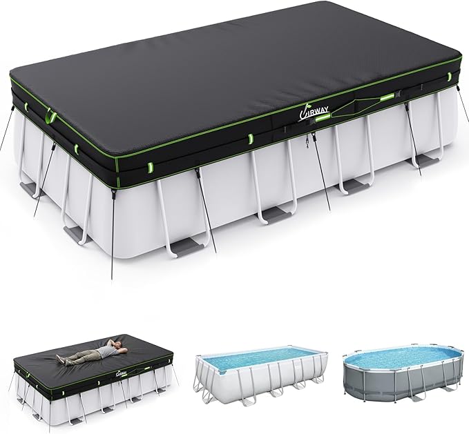UIRWAY 500D Pool Cover 9x18FT Rectangular [2026 Upgraded Heavy Duty Fabric] Solar Pool Covers for Above Ground Pools, Swimming Pool Covers Including Windproof Straps and Luminous Ground, UV Resistant