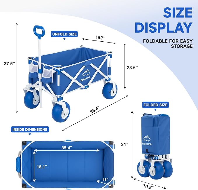 Beach Wagon with Big Wheels for Sand, Heavy Duty Harder Sand Collapsible Folding Wagon with All-Terrain 9" Pneumatic Ballon Tires, Utility Wagon for Garden Sports Camping Outdoor Activities