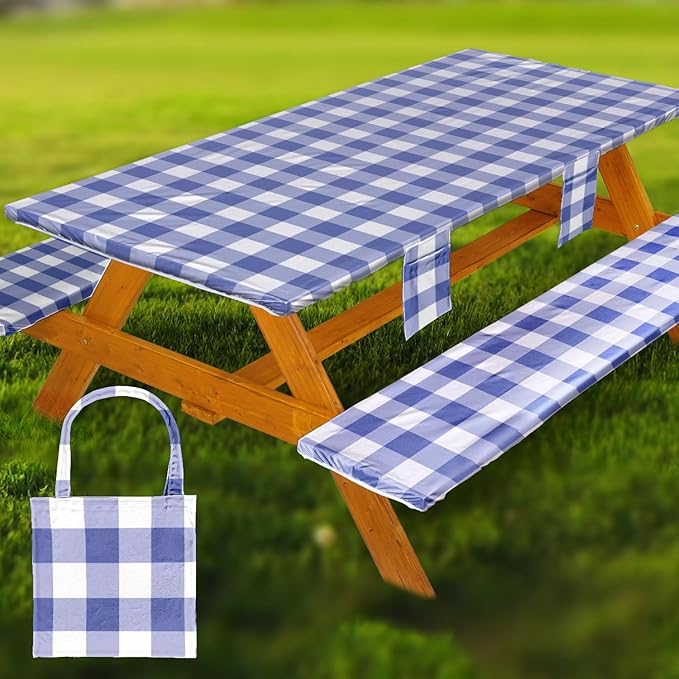 Picnic Table Cover with Bench Covers Vinyl Elastic Edges Fitted Rectangle Seat Tables Waterproof 3-Piece72X30in Set Outdoor Rectangular Folding Backing Tablecloth for Camping Over Size