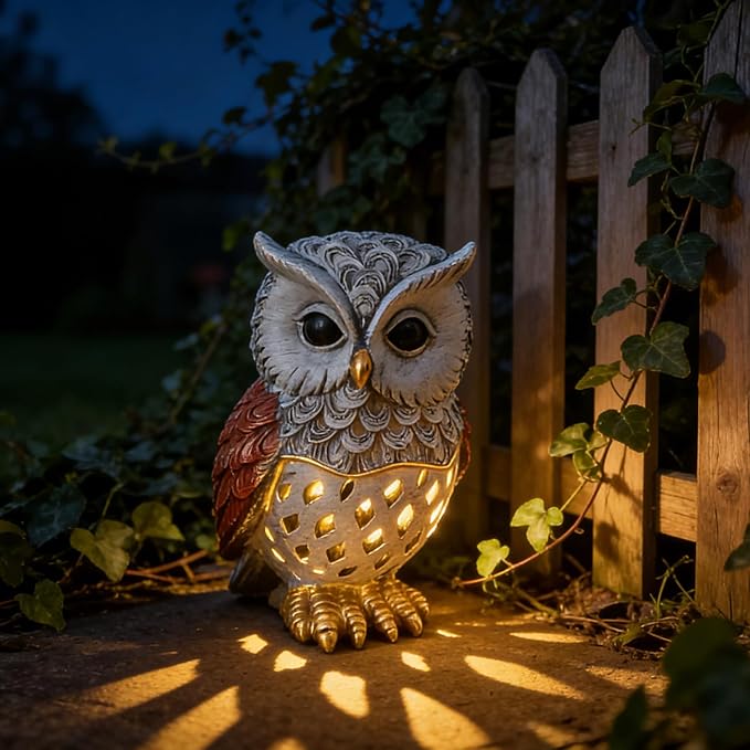 Solar Owl Garden Statues Outdoor Decor Resin Owl Figurine with LED Lights Owl Sculpture for Porch Patio Lawn Yard Decorations Christmas Housewarming Gifts for Women Mom,Brown Owl