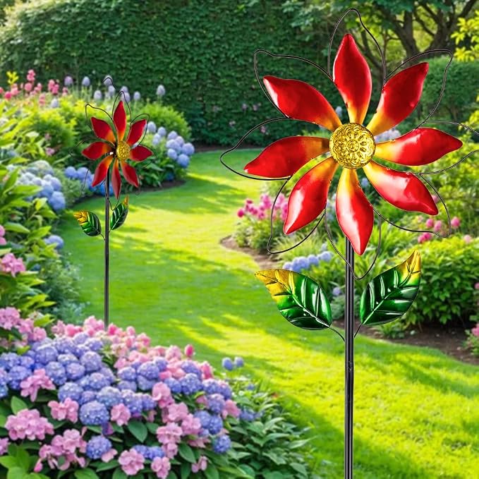 Wind Spinner Outdoor,14’’ Dia Red Flower Shape Garden Pinwheels Spinners,Waterproof Windmill for Yard Lawn Patio Decor