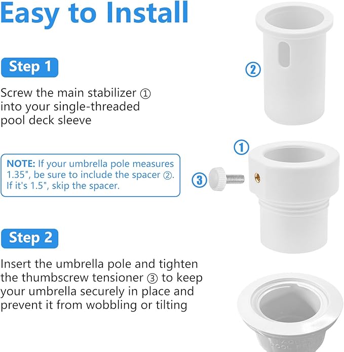 Pool Umbrella Pole Stabilizer Sleeve Adapter - Fit 1.5" & 1.35" Umbrellas Hole Holder Insert for Single-Threaded Baja Deck Pools Sleeves, Reducing Moving and Hold Umbrella in Place (White)