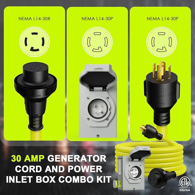 30 Amp Generator Cord 25FT and Power Inlet Box, NEMA L14-30P/L14-30R 125/250V Twist Lock Connector with Pre-Drilled NEMA L14-30P Generator Inlet Box for Generator to House, ETL Listed